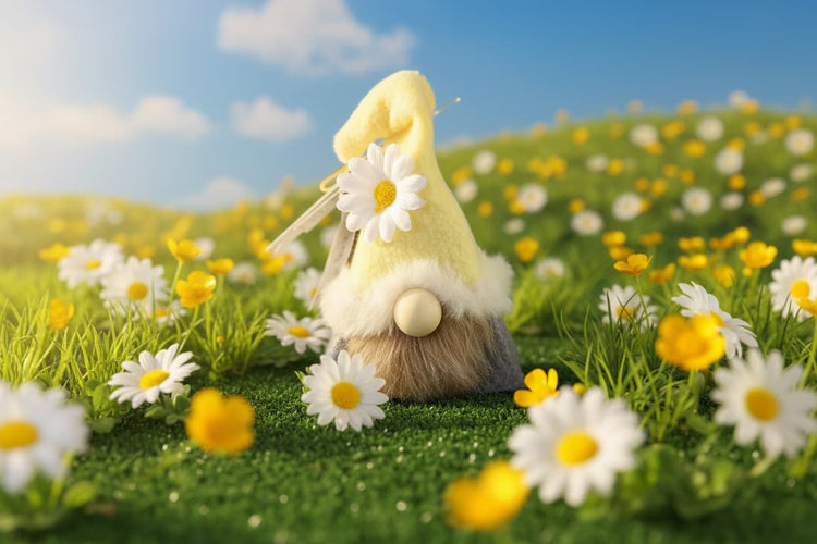 Blossom Folk gnome in a magical spring meadow scene