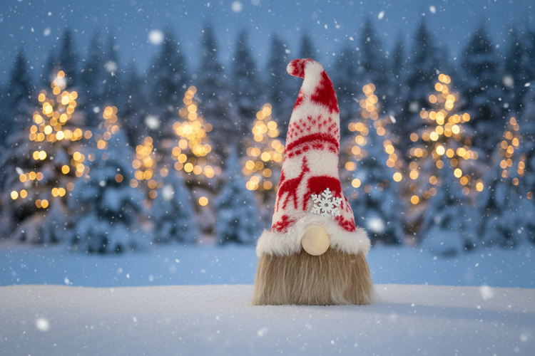 Northlight Folk gnome in a magical snowy Nordic forest at twilight