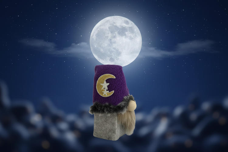Moon Shadow Folk gnome with crescent moon hat under a deep indigo night sky