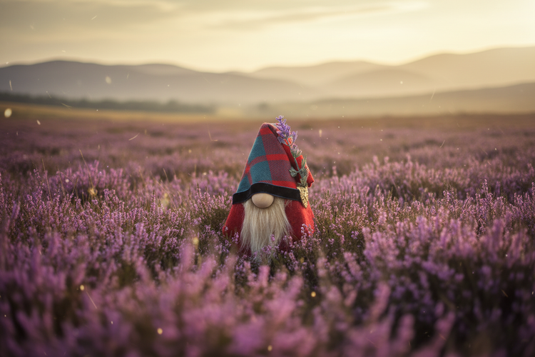 Heatherwhisper Folk gnome in a magical purple heather Scottish moorland