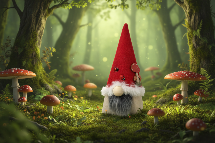 Mosswood Folk gnome in an enchanted mossy woodland with toadstools