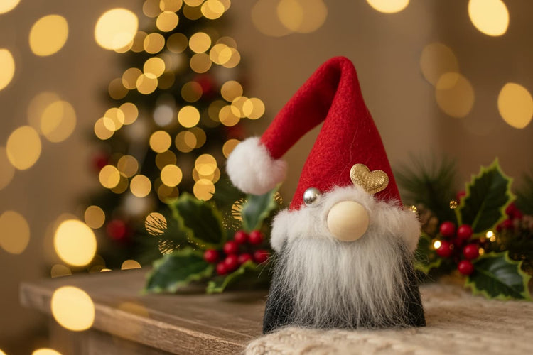 A small Christmas gnome figurine with a red felt hat, white fluffy beard, and gold heart ornament, displayed on a wooden surface with holly and blurred warm holiday lights in the background.