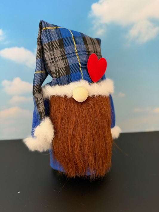 "Handmade Scottish Highland Dreamer gnome from Northern Nomes wearing a blue and grey tartan hat with a long brown beard."