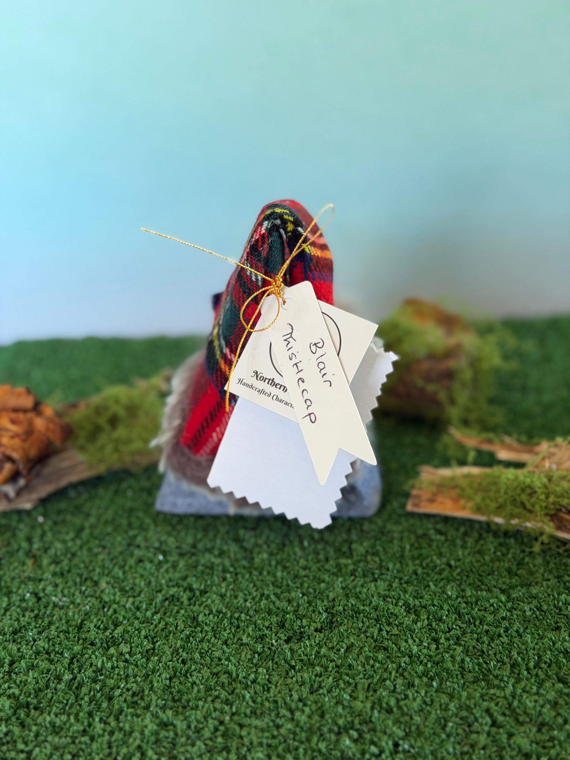 A small handmade gonk figurine dressed in a mixed red tartan plaid top hat with a fluffy pom-pom and a grey felt body, displayed on artificial green moss with a light blue background. It has hanging tags, including a tag that reads 'Blair Thistlecap' and a story description card by Northern Nomes.